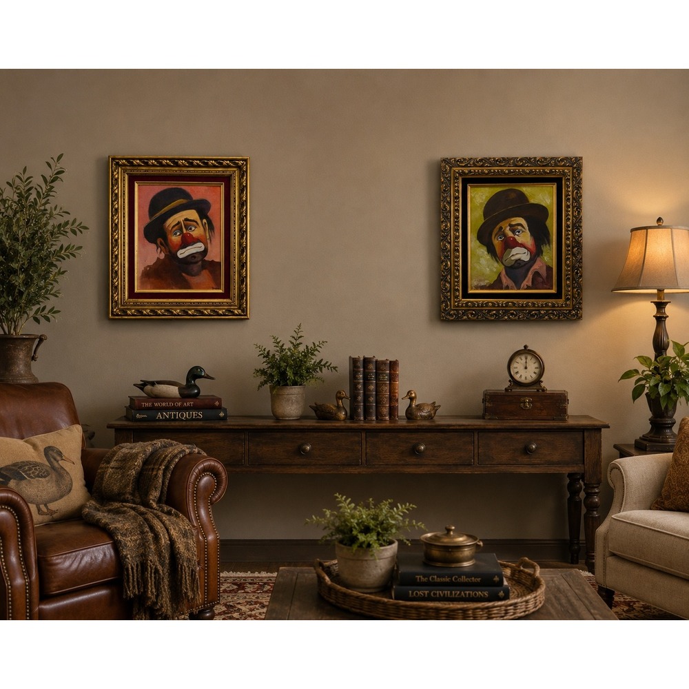 Vintage 1960s Brodie Signed Sad Clown Oil Paintings Pair Framed Mid Century Art